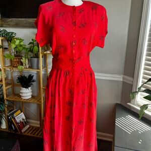 Vintage 70s Red & Black Tribal Button Front Maxi Skirt & Blouse Size Small